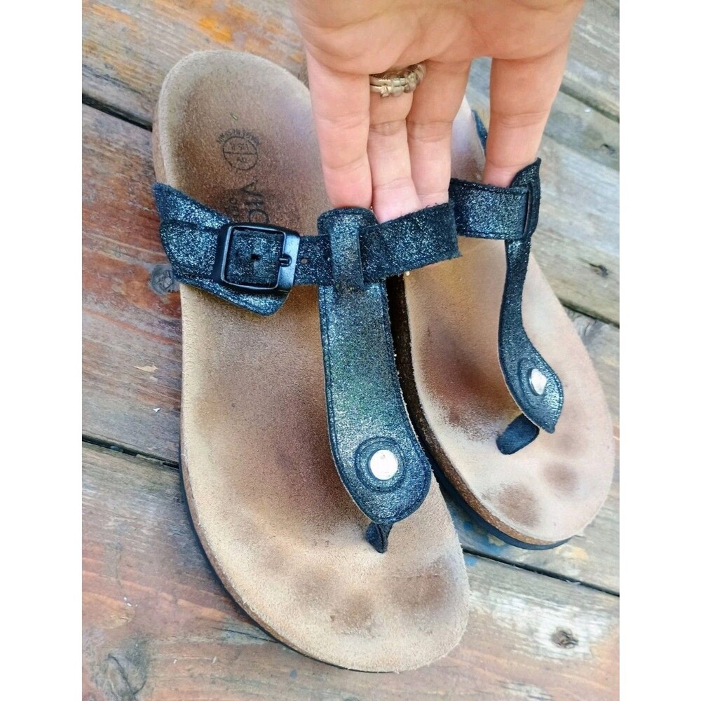 Vionic Womens Shine Black Leather Rhinestone Slide Sandals Size 8